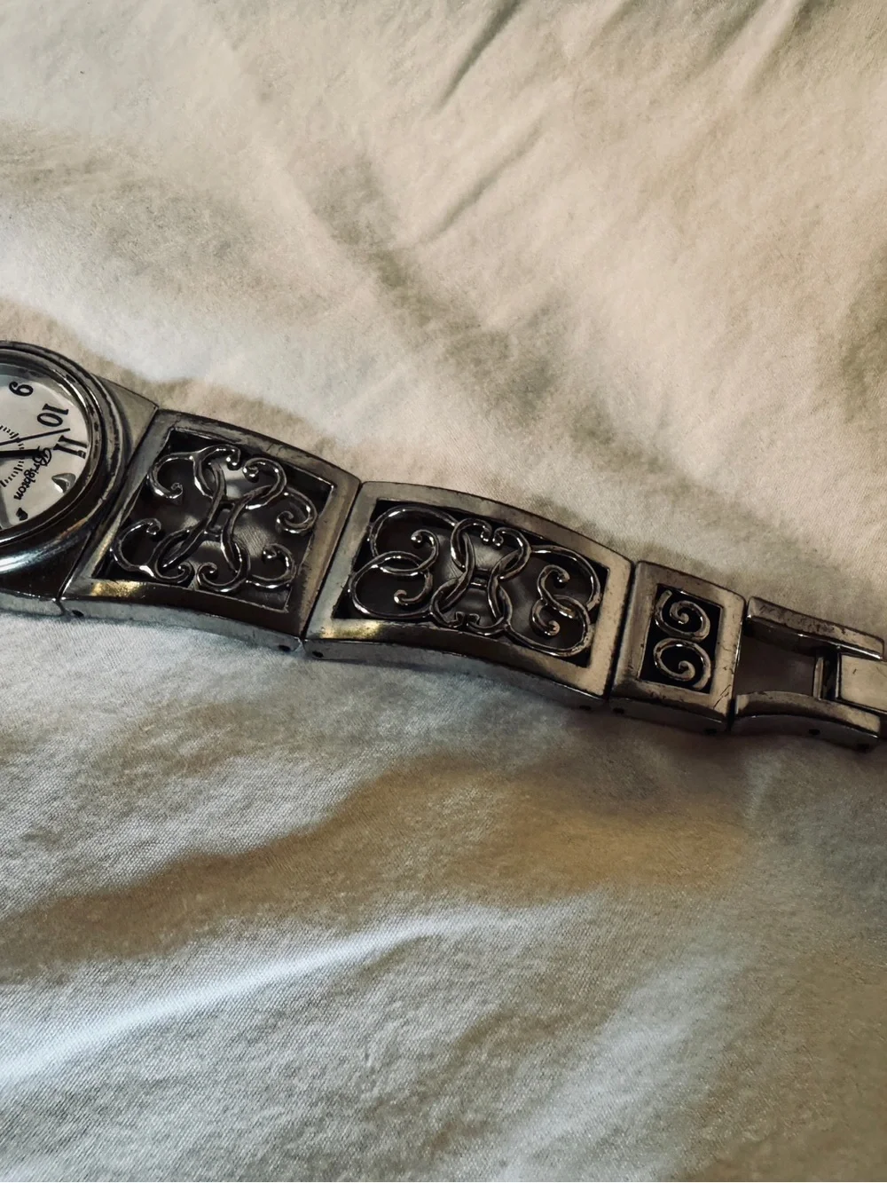 Vintage, Retired, Brighton Silver Filigree Bracelet Watch w/ White Dial Like New